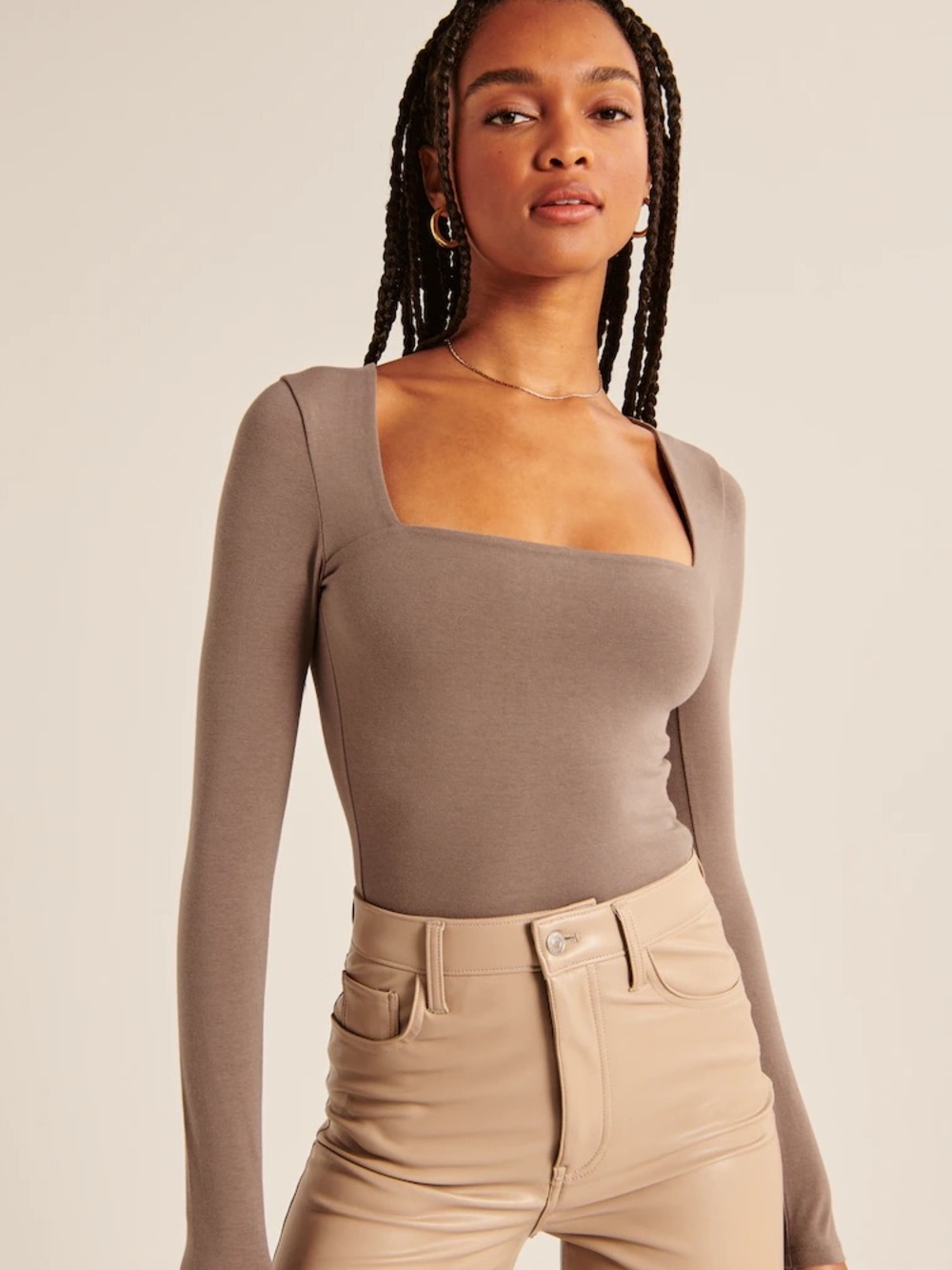 Abercrombie & Fitch Soft A&F Long Sleeve Squareneck Bodysuit Brown XS